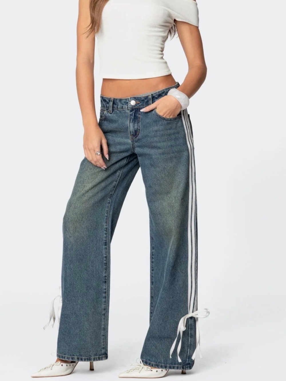 Edikted Blue Wide-Leg Jeans with White Side Stripes